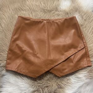 Blue Blush Faux Leather Skort in Camel Brown